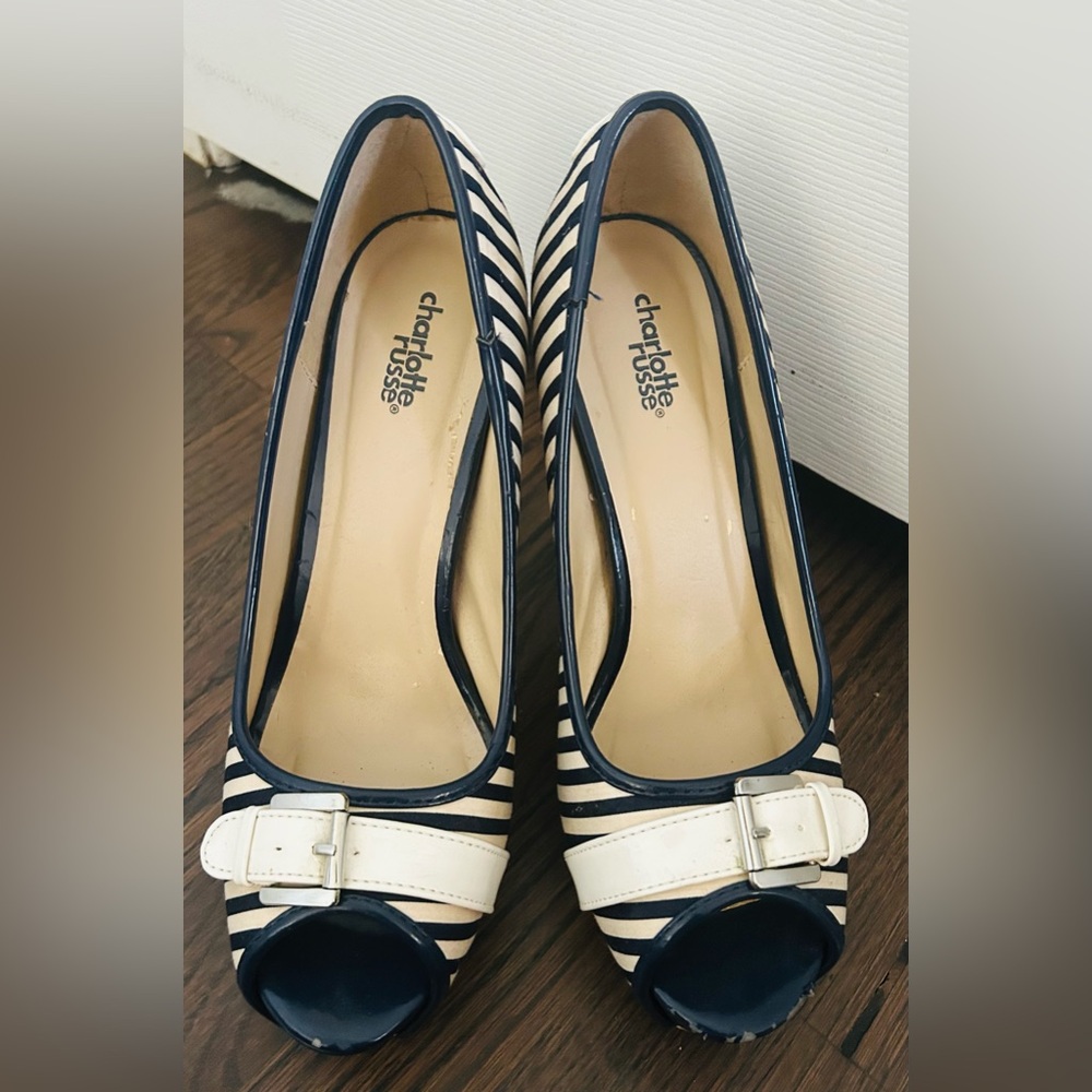 Charlotte Russe Navy & White Striped Buckle Flats